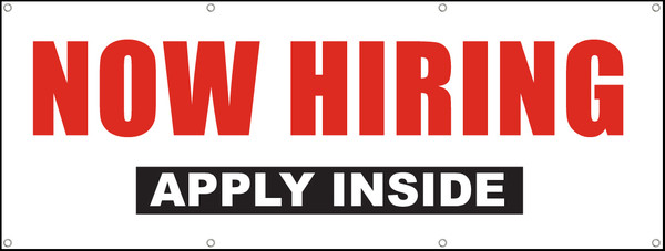 Now Hiring Apply Inside Sign Banner White Background with Bold Red Now Hiring Lettering and Black Background with Apply Inside White Lettering