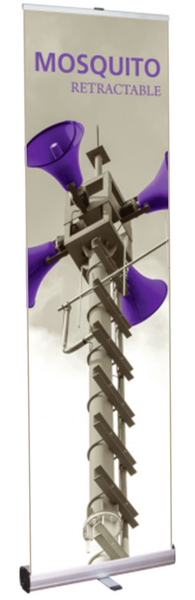 Mosquito 600 Retractable Banner Stand 23.5” wide Silver, bungee pole, snap top graphic rail and padded bag