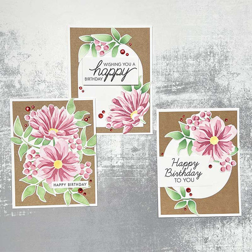 3 Card Panels With 1 Heartfelt Blooms Stencil Set