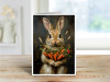 A cheerful bunny holding a rustic harvest of carrots, berries, and wildflowers in warm autumn light.