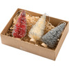 boxed set of three 3‑inch glittered bottle brush trees in red white and green on wooden bases