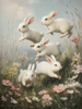 white bunnies hopping through pastel spring flowers on 4x6 freestanding wood block
