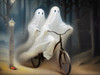 two friendly ghosts riding a two‑seater bicycle through the woods on a 6x4 halloween wood block