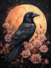 black crow with pink flowers perched before full moon on 4x6 wood block