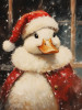 round duck in open santa coat and tilted santa hat standing by window with snowy night outside on 6x4 wood block