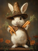 white bunny in brown cloak and hat holding carrots surrounded by orange flowers on 6x4 wood block