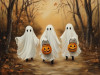 three children in white sheet ghost costumes walking through forest path with jack-o-lantern buckets on 6x4 wood block