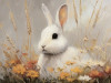 white bunny nestled in golden wildflowers and meadow grasses on 4x6 wood block