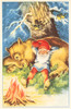 vintage postcard with gnome resting by campfire beside brown bear under starry night