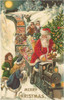 vintage christmas postcard with santa driving toy train surrounded by children snowy night