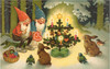 vintage christmas postcard with two gnomes beside candlelit tree surrounded by rabbits and birds