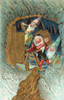 vintage new year postcard with gnomes stacking gold coins inside glowing cave