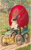 vintage easter postcard with rabbit driving blue flower decorated car pulling large red happy easter egg