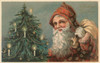 vintage christmas postcard with santa in red robe beside decorated tree with candles