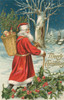 vintage christmas postcard with santa carrying basket of toys walking through snowy landscape with holly