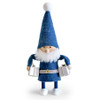 blue‑clad elf figurine with white beard holding two wrapped packages