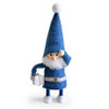 blue elf figurine with white beard holding a single wrapped package