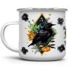 storybook autumn crow enamelware mug with pumpkin and golden foliage