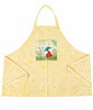 “Savor the Moment” apron, single‑sided 100% cotton with yellow daisy print and a gnome illustration.