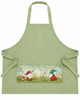 1. Forest‑green apron with a 16×5.5 inch pocket featuring two gnomes sitting among flowers and mushrooms