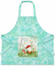 Turquoise apron with a 10.5×10.5 pocket featuring a gnome sitting among flowers and mushrooms with “Adventure Awaits” text
