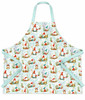 Light green apron with an all‑over gnome, mushroom, flower, butterfly, and pumpkin pattern with darker green straps and head loop.