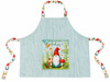 Blue‑green apron with a large gnome‑and‑mushroom pocket featuring flowers and butterflies and matching garden‑themed straps