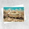 white rabbit sitting in a vintage floral bathtub outdoors in a whimsical meadow scene
