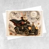 greeting card featuring a whimsical halloween bunny racing through a moonlit autumn scene