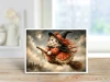 kitten dressed as a witch flying on a broomstick across a moonlit halloween sky