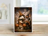 bunny and kitten in witch hats holding pumpkin pails under a crescent moon