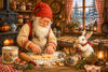 papa gnome cutting cookie dough in a cozy winter kitchen with calamity bunny eating a cookie