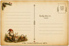whimsical postcard back with poppa gnome and calamity bunny carrots basket autumn leaves mushrooms and kindly deliver to address lines
