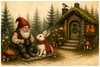 poppa gnome sitting with heart mug calamity bunny beside him carrots basket mushrooms cottage lanterns evergreen forest