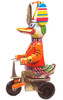 Vintage tin duck riding a scooter with spinning overhead blades