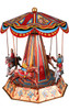 German tin carousel with four horses, lever‑wind motion, and equestrian lithograph crown
