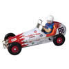 Vintage tin sprint race car wind‑up toy with red body and movable steering