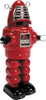 Vintage red tin robot wind‑up toy with sparking face shield and retro box