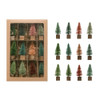 boxed set of 12 multicolor 3‑inch bottle brush trees on natural wooden cubes