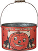 Set of two vintage‑inspired Halloween buckets with jack‑o’‑lantern, black cat, and bat artwork, featuring metal handles.