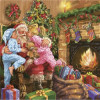 “Christmas napkin featuring Santa with children by the fireplace.”