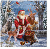 “Christmas napkin featuring Santa in a snowy forest sharing apples with woodland animals.”