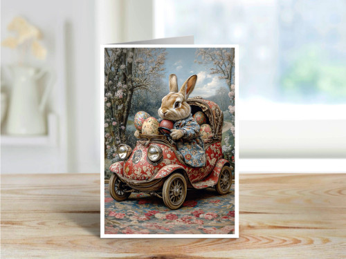 A stylish bunny driving a floral vintage car through a blooming countryside with a basket of decorated Easter eggs.