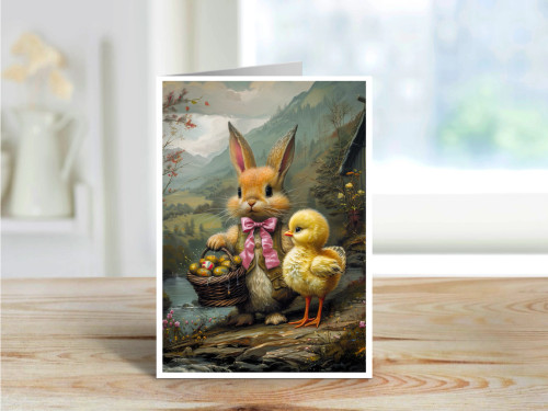 A sweet bunny with a pink bow carrying a basket of colorful Easter eggs beside a fluffy chick in a soft pastoral spring setting.