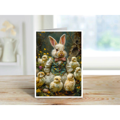 A dapper bunny in a vest and bow tie surrounded by fluffy yellow chicks in a soft woodland spring setting.