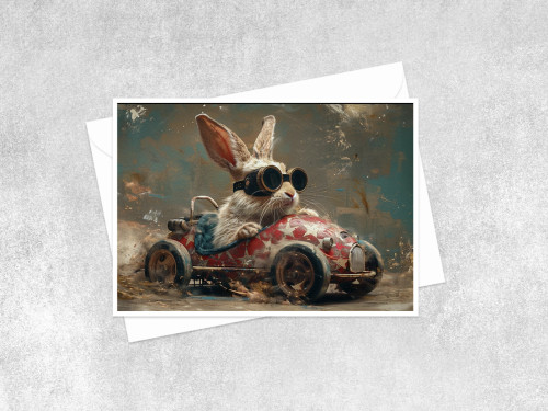 A retro‑goggle bunny racing a classic red car through a dusty countryside with playful determination.