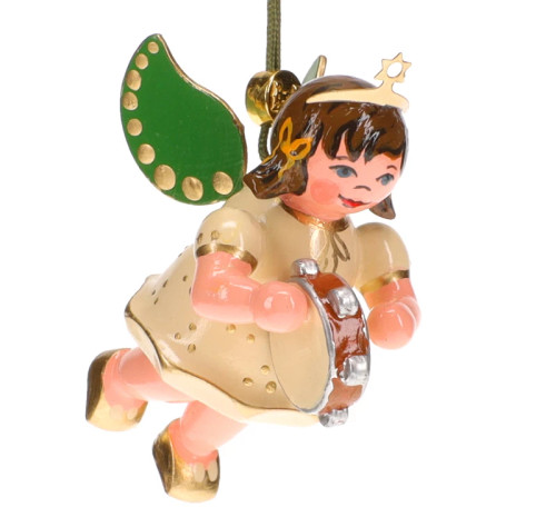 hubrig angel with tambourine ornament with green wings and gold crown