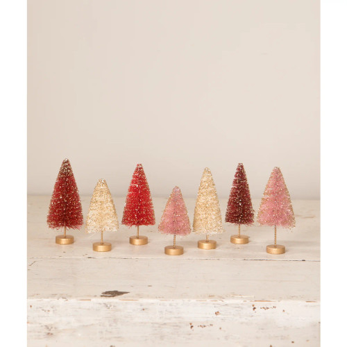 set of seven 4.2‑inch valentine bottle brush trees in red white and pink tones with glitter on wooden bases