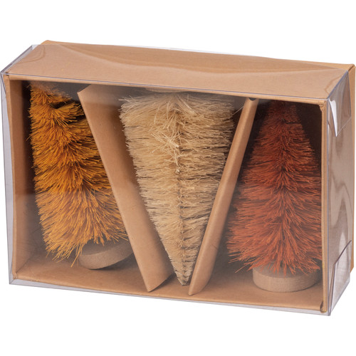 boxed set of three autumn bottle brush trees in multi shades on natural wooden bases