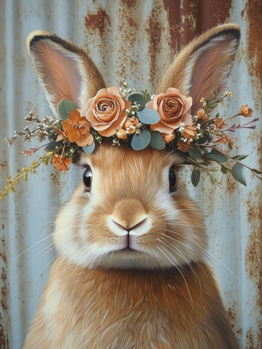 eucalyptus crowned bunny on rustic corrugated metal background with peach roses on 4x6 wood block